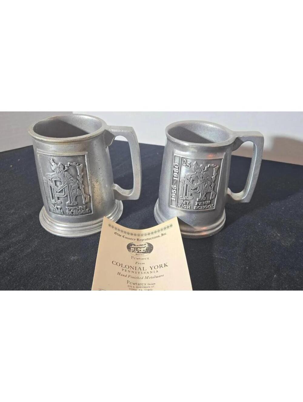Vintage Pewtarex Pewter Tankard Mug Set Colonial York PA Mt Penn High School